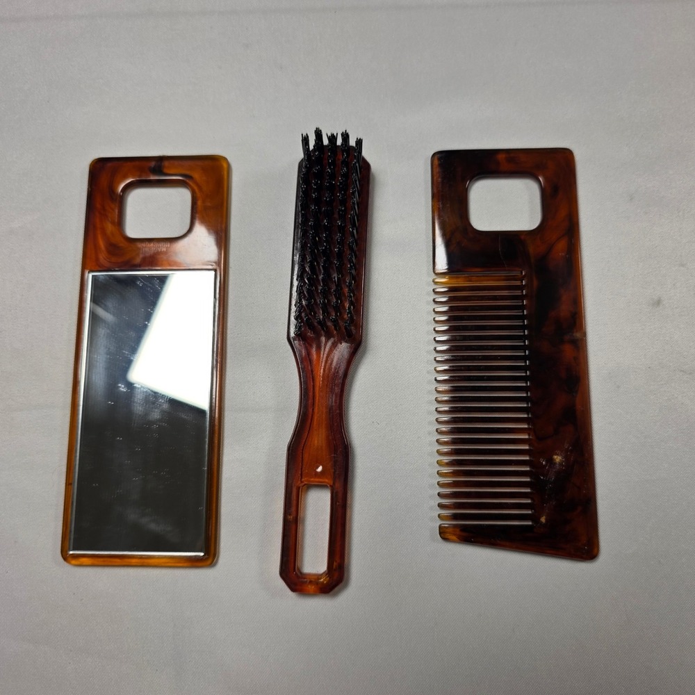 Vintage Tortoiseshell Travel Grooming Set Mirror Brush Comb Gold Case Hong Kong